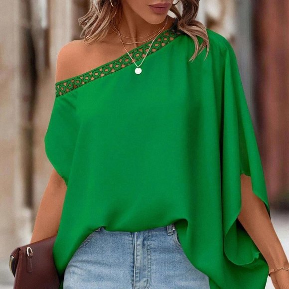 . Tops - Green Boho Womens Guipure Lace Trim Asymmetrical Neck Batwing Sleeve Blo…